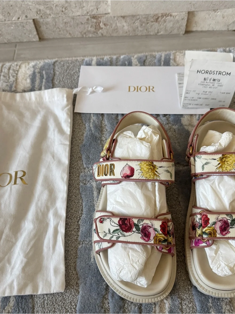 Dior Cream & Pink Floral DiorAct Dad Sandals - Gold Hardware
